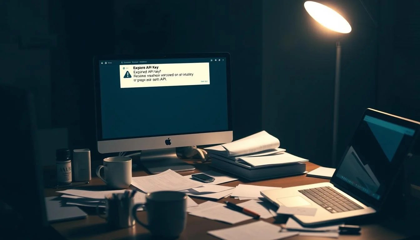 A dimly lit office desk with a desktop computer, open laptop, and scattered papers. The computer screen displays a warning message about an expired or invalid API key. The desk is cluttered with coffee mugs, pens, and a desk lamp casting a warm glow. The background is blurred, suggesting the developer's focus is on the API key issue at hand. The overall atmosphere conveys a sense of frustration and the need for better API key management practices.