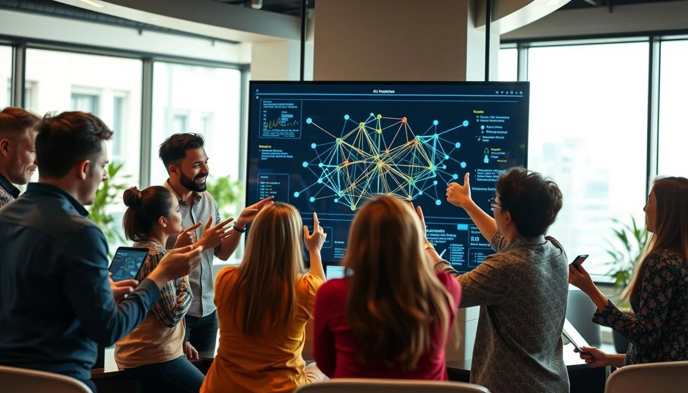 A diverse group of people from various backgrounds enthusiastically collaborating on a large interactive touchscreen, designing and developing cutting-edge AI models. The foreground features individuals with laptops and tablets, gesturing animatedly as they discuss algorithms and data sets. The middle ground shows the central touchscreen displaying intricate neural network visualizations, surrounded by a dynamic team brainstorming and sharing ideas. The background depicts a modern, well-lit office space with large windows, creating a sense of openness and innovation. Warm lighting and a vibrant, collaborative atmosphere convey the benefits of crowd-sourced AI development.