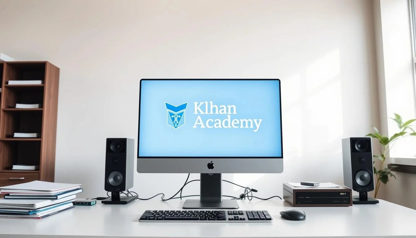 A modern, well-lit workspace with a large, centrally-placed desktop computer displaying the Khan Academy logo on its screen. The desk is clutter-free, with a sleek, minimalist design. The background features a clean, bright wall, with a hint of natural light filtering in from an unseen window. The entire scene conveys a sense of focus, simplicity, and the inviting atmosphere of a productive learning environment. A modern, well-lit workspace with a large, centrally-placed desktop computer displaying the Khan Academy logo on its screen. The desk is clutter-free, with a sleek, minimalist design. The background features a clean, bright wall, with a hint of natural light filtering in from an unseen window. The entire scene conveys a sense of focus, simplicity, and the inviting atmosphere of a productive learning environment.