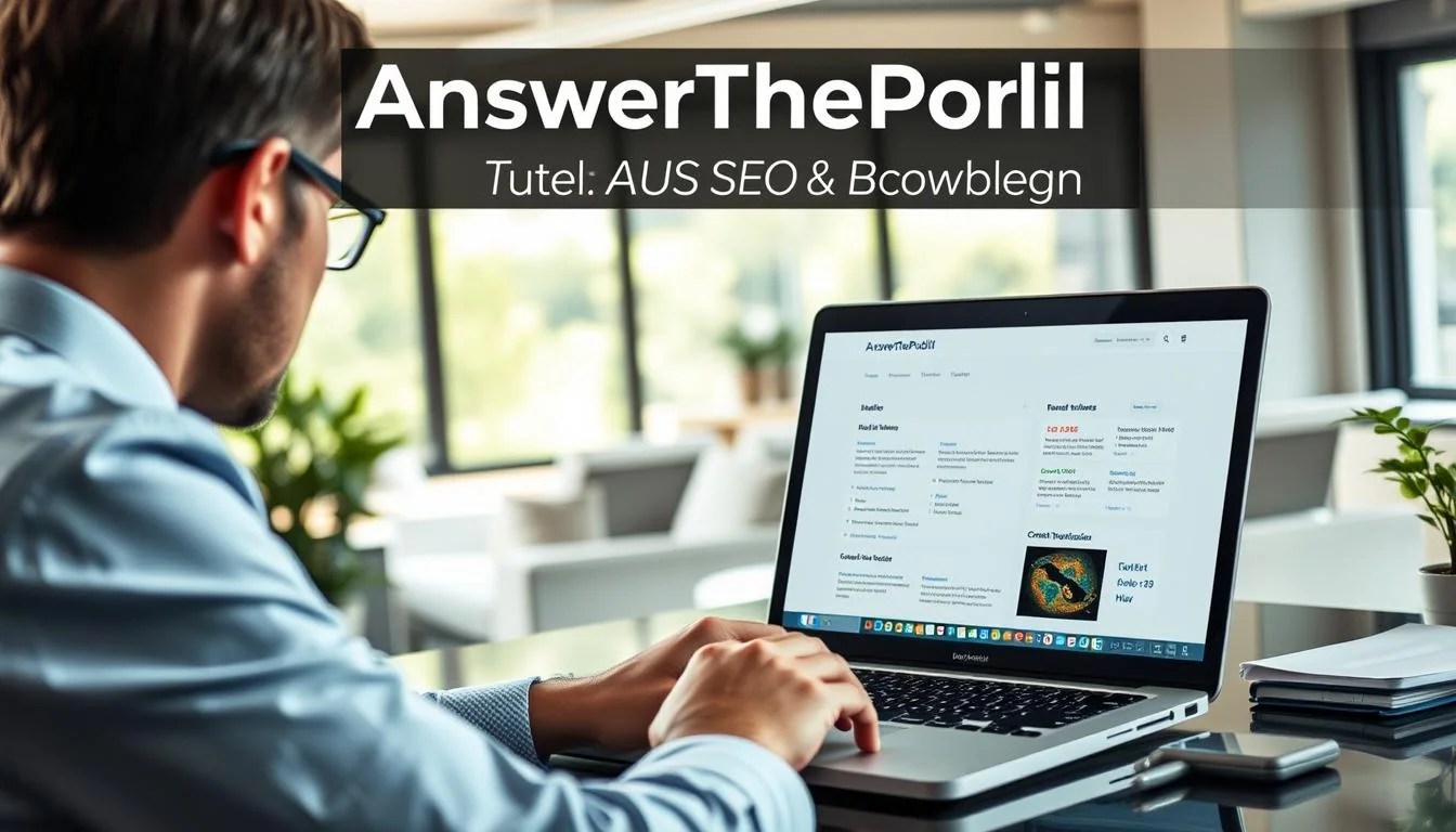 A professional, high-quality tutorial on using the AnswerThePublic tool for SEO success. In the foreground, a user navigating the AnswerThePublic website, exploring the intuitive interface and visualizations. In the middle ground, a laptop displaying detailed keyword research and content ideation. In the background, a serene office setting with natural lighting, suggesting a focused and productive work environment. The overall mood is one of productivity, discovery, and confidence in utilizing AnswerThePublic to drive successful SEO strategies. The image should convey the value of AnswerThePublic as a powerful tool for beginners in the field of search engine optimization.