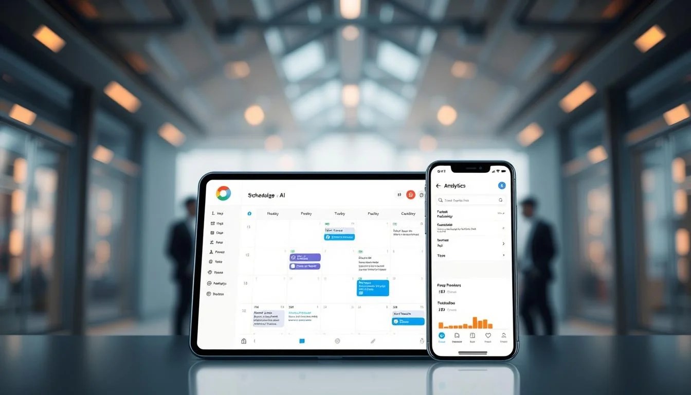 A sleek and intuitive scheduling interface for MyMarky AI, showcasing a clean dashboard with an elegant calendar layout. The foreground features a stylized smartphone or tablet display, its screen illuminated by a soft, warm glow, presenting a visually appealing scheduling tool. The middle ground highlights key features like scheduling options, post previews, and analytics, all presented in a modern, minimalist design. The background subtly suggests a professional, technology-driven environment, with subtle lighting and a hint of futuristic architecture, creating an atmosphere of productivity and efficiency. The overall composition conveys the ease and power of MyMarky AI's scheduling capabilities, inviting the viewer to imagine seamlessly organizing their social media content. A sleek and intuitive scheduling interface for MyMarky AI, showcasing a clean dashboard with an elegant calendar layout. The foreground features a stylized smartphone or tablet display, its screen illuminated by a soft, warm glow, presenting a visually appealing scheduling tool. The middle ground highlights key features like scheduling options, post previews, and analytics, all presented in a modern, minimalist design. The background subtly suggests a professional, technology-driven environment, with subtle lighting and a hint of futuristic architecture, creating an atmosphere of productivity and efficiency. The overall composition conveys the ease and power of MyMarky AI's scheduling capabilities, inviting the viewer to imagine seamlessly organizing their social media content.