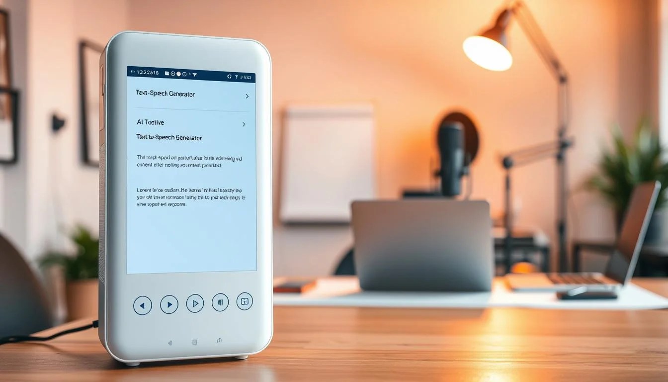 A sleek, modern AI text-to-speech generator stands prominently in the foreground, its intuitive interface and smooth controls inviting the user to explore its capabilities. In the middle ground, a creative workspace unfolds, with a laptop, microphone, and other content creation tools arranged harmoniously. The background features a blurred, minimalist office setting, bathed in warm, directional lighting that casts subtle shadows, evoking a professional, yet inspirational atmosphere. The overall scene conveys the power and versatility of this AI-driven text-to-speech tool, seamlessly integrated into a content creator's workflow.