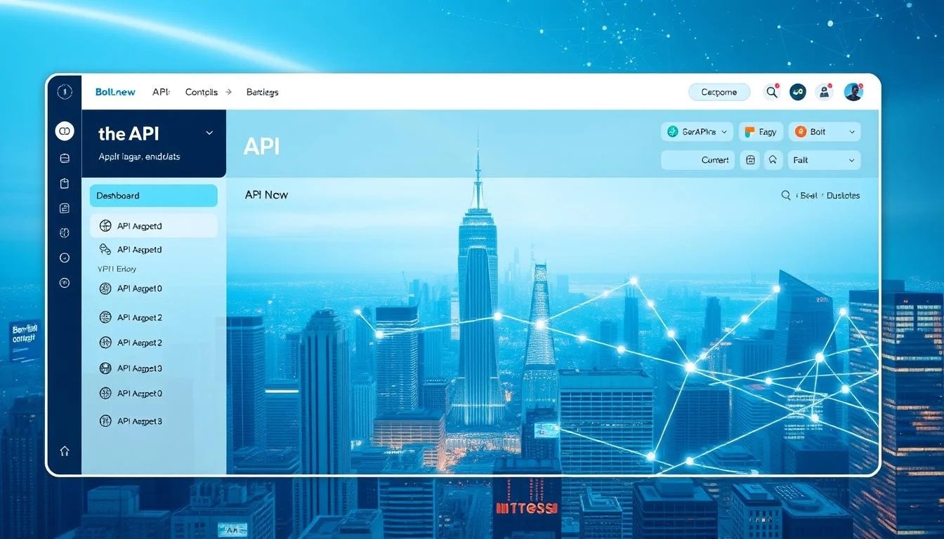 A sleek, modern API dashboard showcasing the integration possibilities of Bolt.new's AI code generator. The foreground features a clean, minimalist user interface with intuitive controls, sharp icons, and smooth typography. In the middle ground, various API endpoints are represented as interconnected nodes, hinting at the seamless data flow and cross-platform connectivity. The background depicts a dynamic, futuristic cityscape with towering skyscrapers, pulsing lights, and a hint of a starry night sky, conveying the expansive potential of this AI-powered development platform. The overall scene is bathed in a cool, technological color palette, creating a sense of innovation, efficiency, and limitless possibilities. A sleek, modern API dashboard showcasing the integration possibilities of Bolt.new's AI code generator. The foreground features a clean, minimalist user interface with intuitive controls, sharp icons, and smooth typography. In the middle ground, various API endpoints are represented as interconnected nodes, hinting at the seamless data flow and cross-platform connectivity. The background depicts a dynamic, futuristic cityscape with towering skyscrapers, pulsing lights, and a hint of a starry night sky, conveying the expansive potential of this AI-powered development platform. The overall scene is bathed in a cool, technological color palette, creating a sense of innovation, efficiency, and limitless possibilities.
