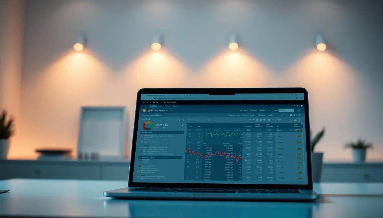 A sleek, modern log file analyzer interface, bathed in soft, diffused lighting that casts a warm, ambient glow. In the foreground, a laptop screen displays intricate SEO data visualizations, charts, and metrics, offering deep insights into website performance. The middle ground features a carefully curated set of digital tools, including a powerful search function and advanced filtering options. In the background, a minimalist workspace with clean lines and a serene atmosphere, emphasizing the analytical nature of the task at hand. The overall scene conveys a sense of efficiency, productivity, and the profound impact that log file analysis can have on optimizing a website's SEO.