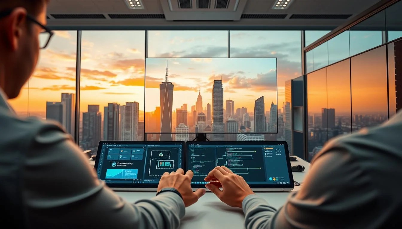 A sleek, modern workspace with a central focus on an AWS cloud console. In the foreground, a developer meticulously configures AI-powered tools, their hands deftly navigating the interface. The middle ground features a projection screen displaying visualizations of data flows and machine learning models. The background showcases a cityscape of towering tech headquarters, bathed in a warm, amber glow from the setting sun. The scene conveys a sense of efficiency, innovation, and the seamless integration of AWS and AI capabilities, perfectly suited to illustrate the advantages of an AI assistant for AWS developers. A sleek, modern workspace with a central focus on an AWS cloud console. In the foreground, a developer meticulously configures AI-powered tools, their hands deftly navigating the interface. The middle ground features a projection screen displaying visualizations of data flows and machine learning models. The background showcases a cityscape of towering tech headquarters, bathed in a warm, amber glow from the setting sun. The scene conveys a sense of efficiency, innovation, and the seamless integration of AWS and AI capabilities, perfectly suited to illustrate the advantages of an AI assistant for AWS developers.