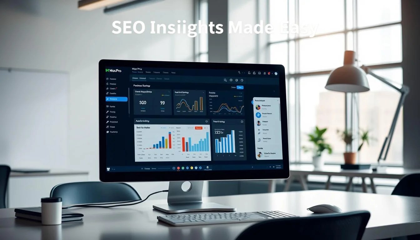 A sleek, modern workspace with a desktop computer, a Moz Pro dashboard displayed on the screen, showcasing various SEO metrics and analytics. The desktop is situated in a minimalist, well-lit office environment, with natural light streaming in through large windows. The overall mood is one of productivity and efficiency, reflecting the ease of use and insights provided by the Moz Pro tool. The composition places emphasis on the Moz Pro dashboard, capturing the essence of the "SEO Insights Made Easy" section title. A sleek, modern workspace with a desktop computer, a Moz Pro dashboard displayed on the screen, showcasing various SEO metrics and analytics. The desktop is situated in a minimalist, well-lit office environment, with natural light streaming in through large windows. The overall mood is one of productivity and efficiency, reflecting the ease of use and insights provided by the Moz Pro tool. The composition places emphasis on the Moz Pro dashboard, capturing the essence of the "SEO Insights Made Easy" section title.