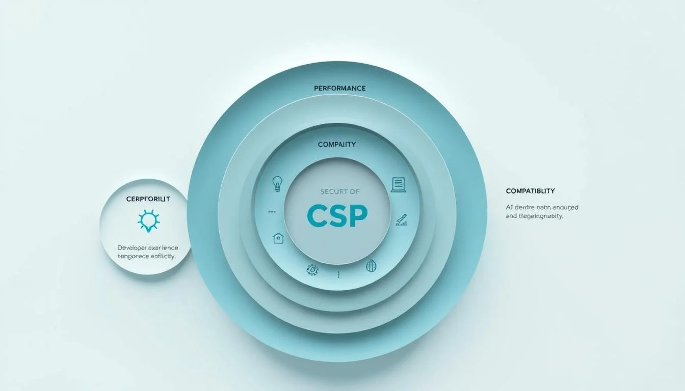 A vibrant data visualization depicting the key evaluation criteria for a Content Security Policy (CSP) in a clean, minimalist style. The foreground features a series of concentric circles, each representing a different criterion - security, performance, compatibility, developer experience. The circles are rendered in a cool, muted color palette that conveys a sense of professionalism and technical sophistication. The middle ground showcases subtle icons and symbols that illustrate the various aspects of each criterion. The background is a soft gradient, providing depth and visual interest without distracting from the core information. The overall composition is balanced, with ample negative space to ensure clarity and legibility. Crisp lighting from the top-left casts gentle shadows, adding depth and dimensionality to the design.