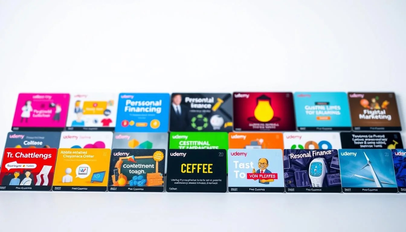 A vibrant selection of online course thumbnails arranged neatly on a clean, white background, lit by soft, natural lighting. In the foreground, several Udemy course icons depicting a diverse range of subjects such as web development, digital marketing, and personal finance. The middle ground showcases additional course previews, each with an eye-catching design and compelling title. The background gently fades, allowing the courses to take center stage. The overall composition conveys a sense of opportunity, education, and the wealth of free resources available on the Udemy platform.