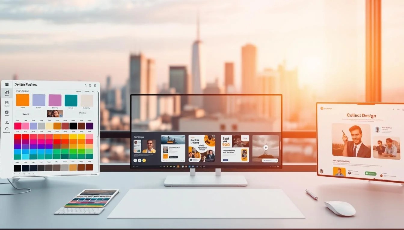 A well-designed online design platform with a clean, modern interface. The foreground features an array of design tools and templates, including a central canvas area, color palettes, and an intuitive toolbar. The middle ground showcases various design projects, from brochures and flyers to social media graphics, all showcasing the platform's versatility. In the background, a softly blurred city skyline sets a professional and creative atmosphere. Warm, natural lighting illuminates the scene, creating a sense of productivity and inspiration. The overall mood evokes a seamless, intuitive design experience for both novice and experienced users.