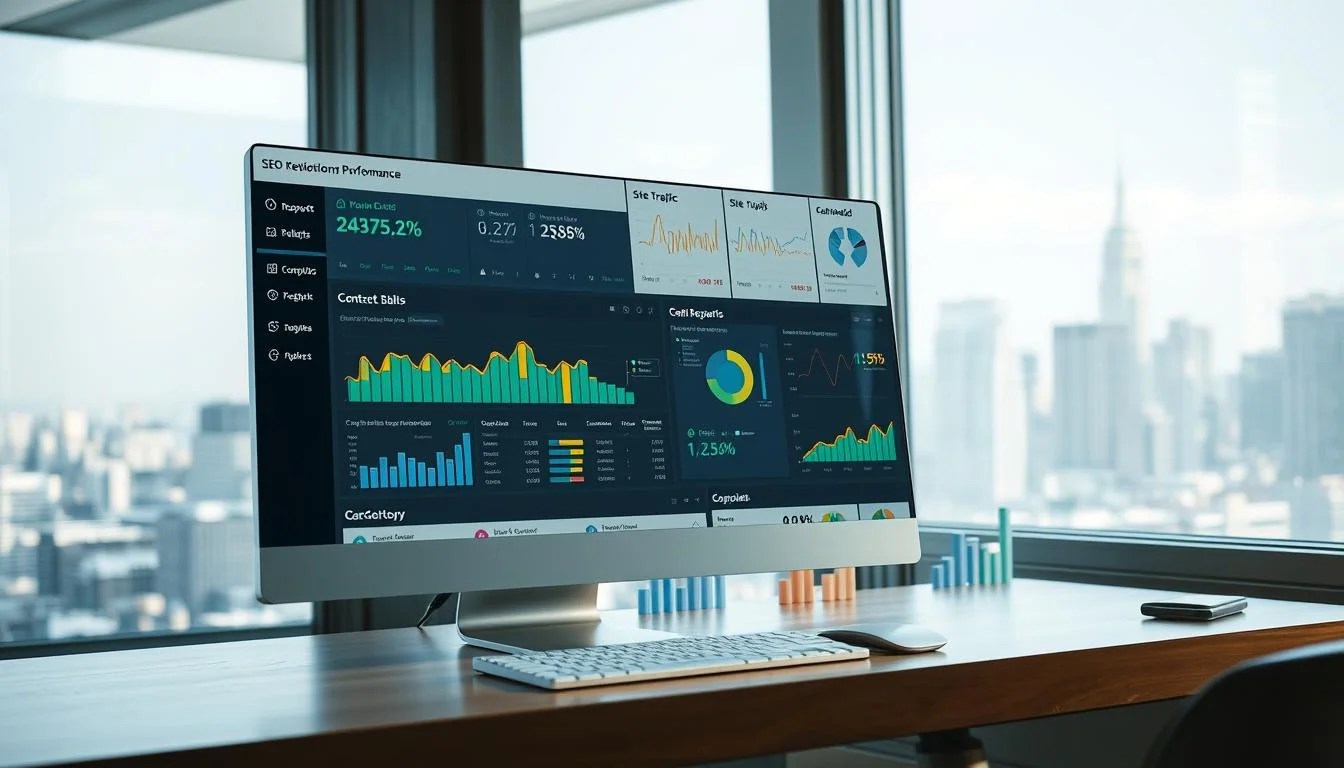 A well-lit, high-resolution desktop interface showcasing an array of intuitive SEO performance analysis tools. In the foreground, a user-friendly dashboard displays key metrics like keyword rankings, site traffic, and content engagement. The middle ground features detailed site audit reports and competitor analysis visualizations. The background subtly depicts a city skyline, hinting at the broader digital marketing landscape. The overall atmosphere conveys a sense of clarity, productivity, and actionable insights for optimizing SEO strategy. A well-lit, high-resolution desktop interface showcasing an array of intuitive SEO performance analysis tools. In the foreground, a user-friendly dashboard displays key metrics like keyword rankings, site traffic, and content engagement. The middle ground features detailed site audit reports and competitor analysis visualizations. The background subtly depicts a city skyline, hinting at the broader digital marketing landscape. The overall atmosphere conveys a sense of clarity, productivity, and actionable insights for optimizing SEO strategy.