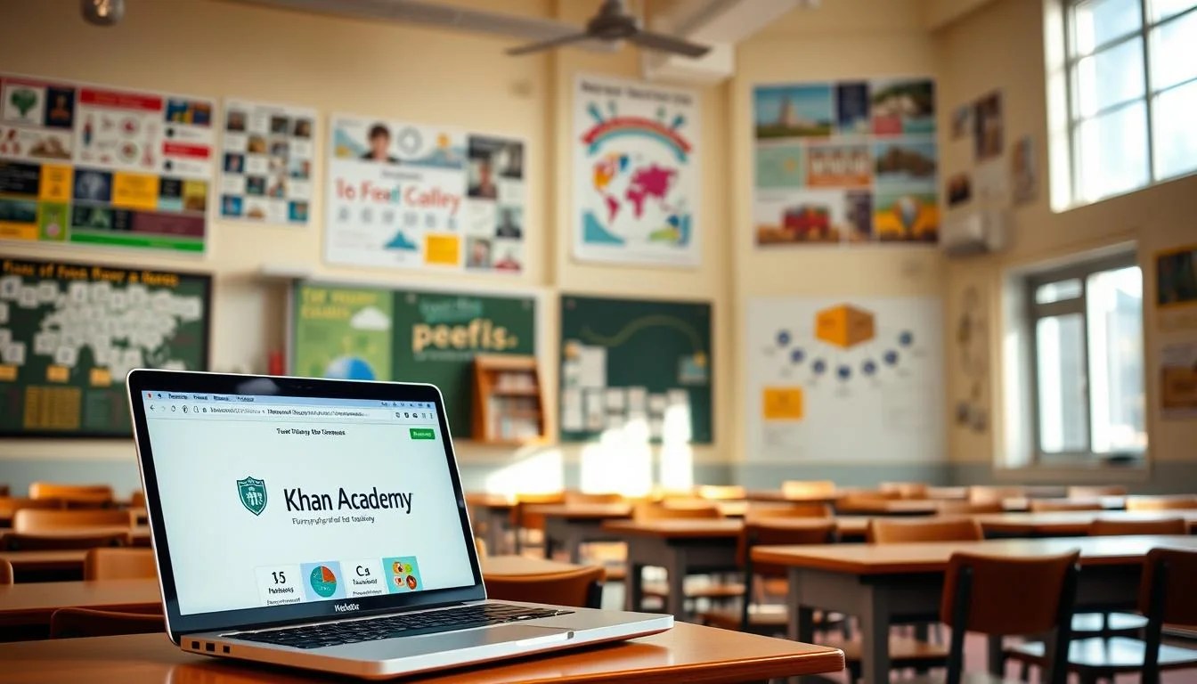 A well-lit, inviting classroom setting with rows of wooden desks and chairs, illuminated by large windows and a warm, natural lighting. On the walls, colorful posters and informational charts depicting a diverse range of academic subjects, from math and science to history and the arts. In the foreground, a laptop displaying the Khan Academy logo and homepage, showcasing the vast array of free educational courses available to learners of all ages and backgrounds. The overall atmosphere conveys a sense of knowledge, opportunity, and the transformative power of accessible, high-quality education.