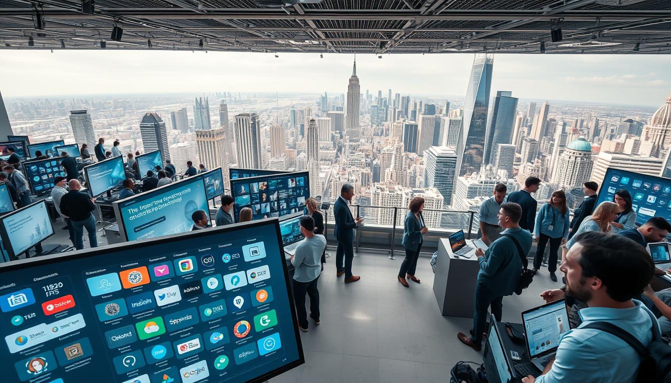 An expansive AI tools marketplace, bustling with a diverse array of innovative applications. In the foreground, a sleek, futuristic interface showcases a multitude of productivity-boosting AI tools, each with a distinct visual identity. The middle ground features industry experts, researchers, and entrepreneurs engaged in lively discussions, demonstrating real-world use cases. In the background, a panoramic cityscape of gleaming skyscrapers and technological hubs, reflecting the cutting-edge advancements shaping the future of AI-driven productivity. Bright, diffused lighting bathes the scene, creating an atmosphere of collaboration, innovation, and boundless potential. An expansive AI tools marketplace, bustling with a diverse array of innovative applications. In the foreground, a sleek, futuristic interface showcases a multitude of productivity-boosting AI tools, each with a distinct visual identity. The middle ground features industry experts, researchers, and entrepreneurs engaged in lively discussions, demonstrating real-world use cases. In the background, a panoramic cityscape of gleaming skyscrapers and technological hubs, reflecting the cutting-edge advancements shaping the future of AI-driven productivity. Bright, diffused lighting bathes the scene, creating an atmosphere of collaboration, innovation, and boundless potential.