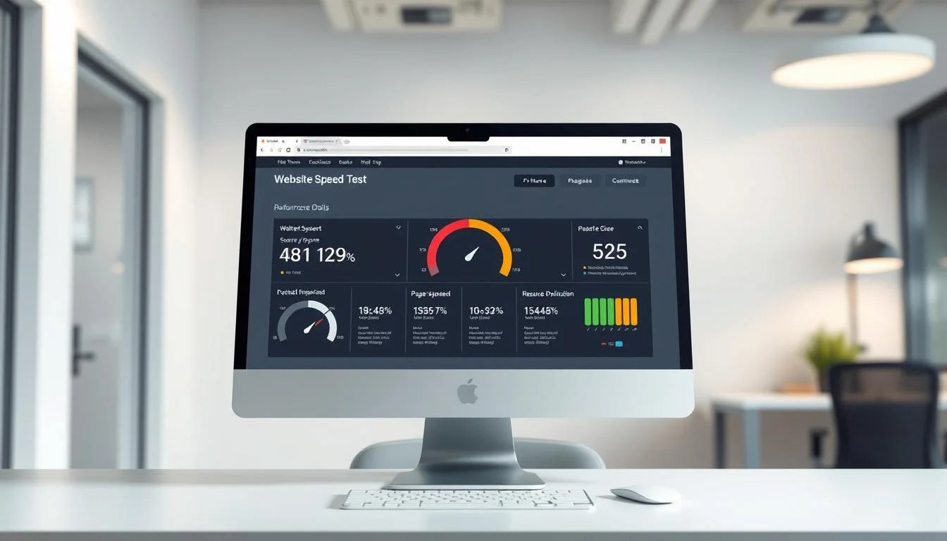 a detailed, high-resolution, photorealistic digital illustration of a computer desktop screen displaying a website speed test tool, with a clean, minimalist interface and intuitive visualizations of website performance metrics like load time, page size, and resource optimization. The screen is set against a neutral, well-lit office environment with a subtle depth of field, creating a professional and informative atmosphere. The overall composition emphasizes the importance of website speed optimization, in line with the article's subject matter.