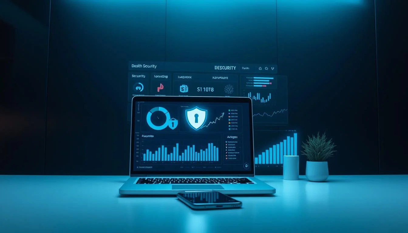 a high-tech digital security dashboard with a laptop computer, a mobile phone, and various security icons and graphs prominently displayed, set against a sleek, minimalist backdrop with a dark color scheme and subtle lighting effects, creating an atmosphere of professionalism and technical sophistication