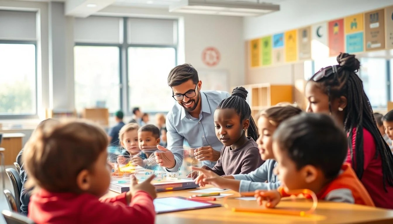A bustling classroom scene, illuminated by natural light streaming through large windows. In the foreground, students of diverse backgrounds engage with interactive AI-powered learning tools, their faces alight with curiosity and wonder. In the middle ground, a teacher guides them, seamlessly incorporating the latest AI-driven educational technologies into the lesson. The background depicts a vibrant, futuristic school environment, with holographic displays and intelligent assistants facilitating a personalized, adaptive learning experience for each student.