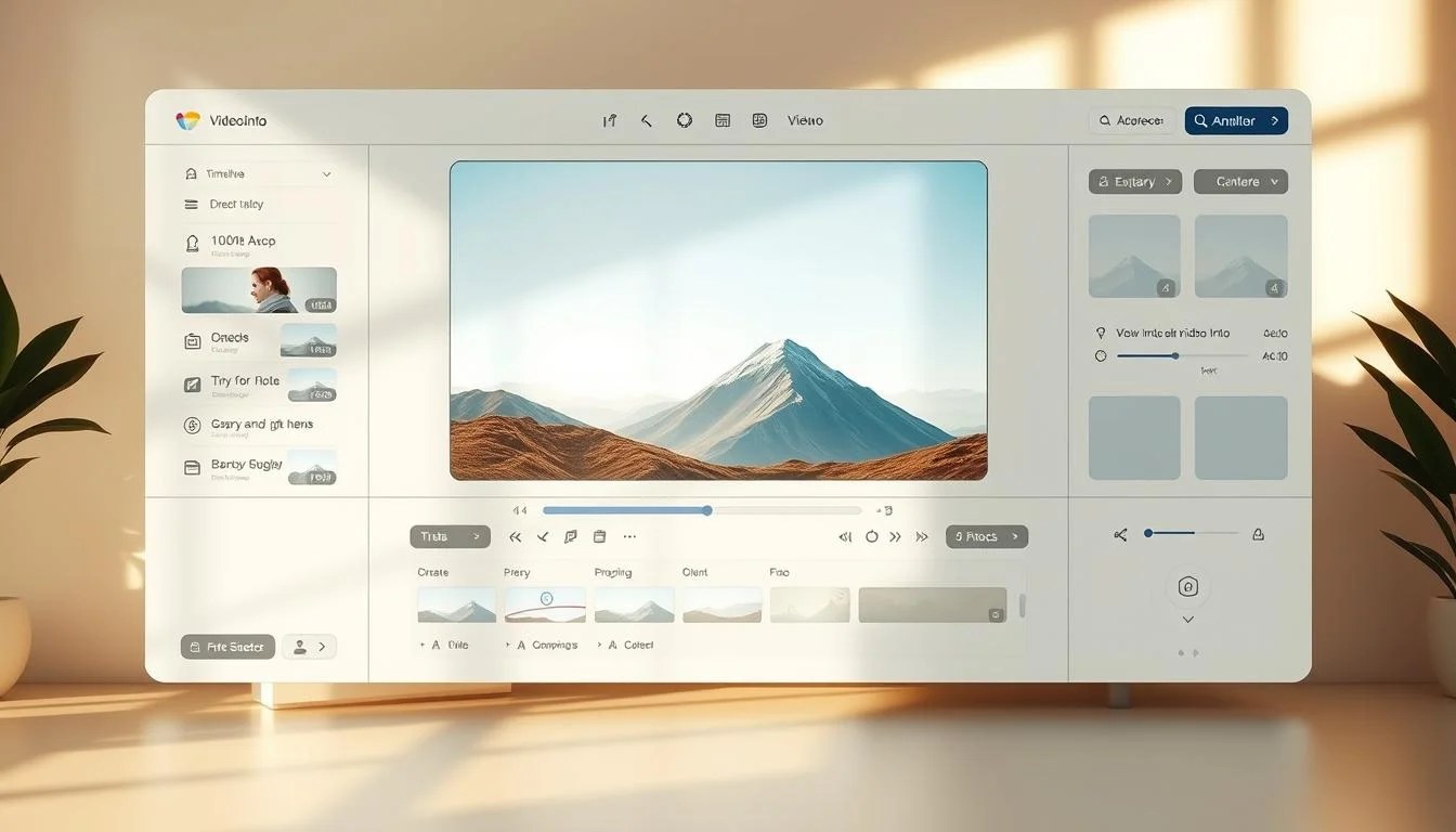 A clean, well-designed video intro maker interface with a minimalist layout and intuitive controls. The foreground features a large preview window showcasing a high-quality video intro, surrounded by neatly organized tool panels and customization options. The middle ground includes a timeline, media library, and various editing tools. The background has a subtle gradient or texture, creating a sense of depth and focus on the central interface. Warm, natural lighting casts a soft glow, and the overall aesthetic is modern, user-friendly, and optimized for an effortless video intro creation experience. A clean, well-designed video intro maker interface with a minimalist layout and intuitive controls. The foreground features a large preview window showcasing a high-quality video intro, surrounded by neatly organized tool panels and customization options. The middle ground includes a timeline, media library, and various editing tools. The background has a subtle gradient or texture, creating a sense of depth and focus on the central interface. Warm, natural lighting casts a soft glow, and the overall aesthetic is modern, user-friendly, and optimized for an effortless video intro creation experience.
