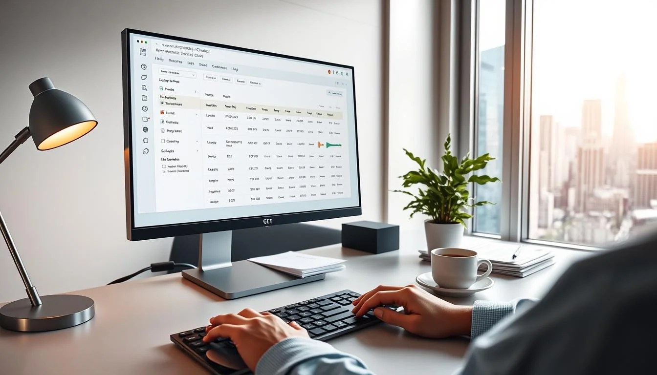 A clean, well-lit office scene with a sleek desktop computer and a modern monitor displaying a keyword density checker software interface. The screen shows a clean, minimalist design with various input fields, visualization tools, and analytics data. In the foreground, a pair of hands typing on a wireless keyboard, with a minimalist mouse and a stylish desk lamp providing warm, diffused lighting. The middle ground features a tidy desk with a potted plant, a stack of papers, and a cup of coffee. The background showcases a large window overlooking a bustling city skyline, bathed in soft, natural light. The overall atmosphere is one of productivity, efficiency, and modern, professional design.