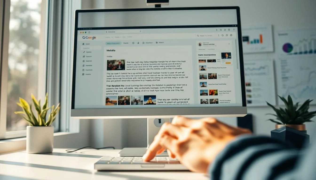 A digital workspace with a computer monitor displaying an open metadata editor. In the foreground, a pair of hands typing on a keyboard, carefully crafting meta descriptions. The middle ground features various digital assets like images, videos, and icons, representing the elements that contribute to comprehensive metadata. The background is a subtle, blurred landscape of web browsers, search engine results pages, and analytics dashboards, conveying the broader context of search engine optimization. Soft, natural lighting from a window or overhead source casts a warm, productive glow over the scene. The composition is crisp, with a shallow depth of field that emphasizes the focal point of the metadata creation process.