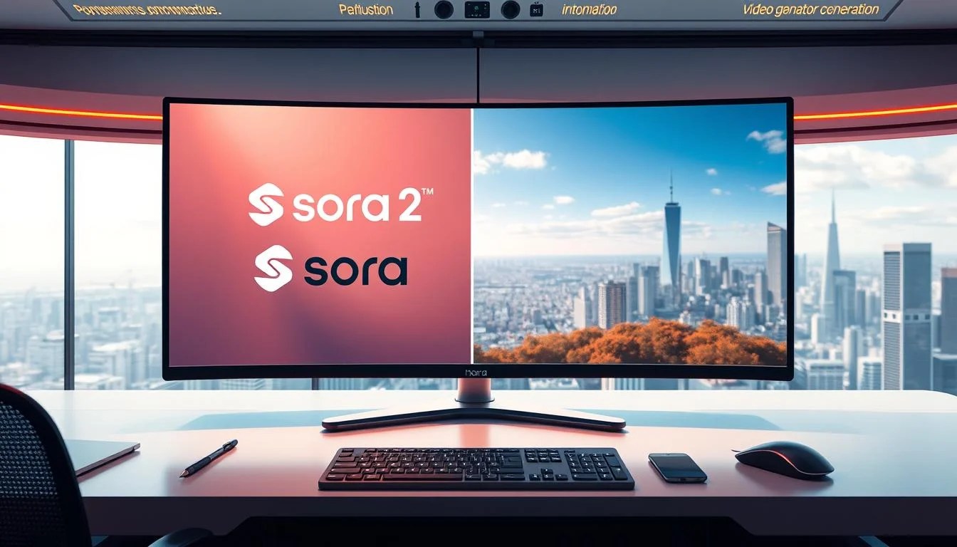 A futuristic, sleek workspace with a large monitor displaying a side-by-side comparison of two video generation tools. The foreground shows the Sora 2 logo and interface, rendered in warm metallic tones and soft lighting. The middle ground features various input devices, including a tablet and stylus, as well as a keyboard and mouse, suggesting user interactivity. The background showcases a panoramic cityscape, hinting at the advanced technology and innovation powering the Sora 2 video generator. The overall composition conveys a sense of professional, cutting-edge content creation, with the Sora 2 tool as the focal point of the comparison. A futuristic, sleek workspace with a large monitor displaying a side-by-side comparison of two video generation tools. The foreground shows the Sora 2 logo and interface, rendered in warm metallic tones and soft lighting. The middle ground features various input devices, including a tablet and stylus, as well as a keyboard and mouse, suggesting user interactivity. The background showcases a panoramic cityscape, hinting at the advanced technology and innovation powering the Sora 2 video generator. The overall composition conveys a sense of professional, cutting-edge content creation, with the Sora 2 tool as the focal point of the comparison.