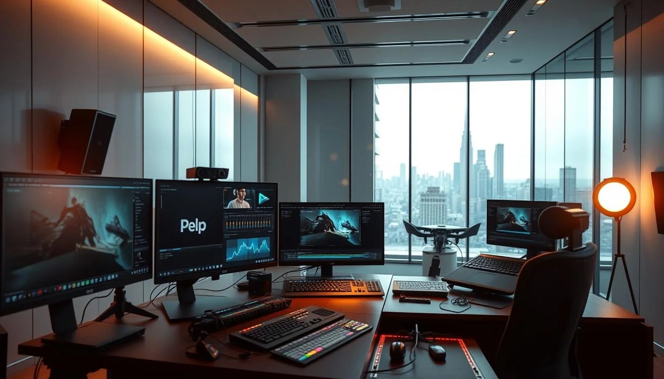 A high-tech video editing suite set against a sleek, modern backdrop. In the foreground, a sophisticated digital workstation with multiple displays, sleek peripherals, and an ergonomic design. Sophisticated lighting casts a warm, focused glow on the workspace, emphasizing the precision and attention to detail inherent in the video editing process. In the middle ground, various video editing tools and controls, including color grading sliders, timeline scrubbers, and advanced sound mixing panels, all meticulously arranged for optimal workflow. The background features a minimalist, glass-walled office space with a striking city skyline visible through the windows, conveying a sense of urban creativity and innovation. The overall atmosphere is one of cutting-edge technology, professional-grade capabilities, and a relentless commitment to visual storytelling.