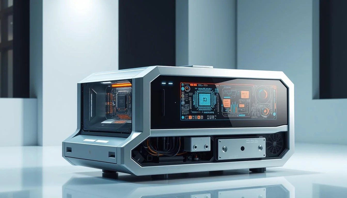 A highly detailed, hyper-realistic image of an artificial intelligence-powered image generator, depicted as a futuristic, sleek machine situated in a modern, minimalist studio setting. The device should be the central focus, with a clean, well-lit backdrop that showcases its advanced capabilities. Emphasize the technological aspects, such as intricate circuit boards, holographic displays, and a smooth, metallic exterior. Convey a sense of innovation, efficiency, and the power of AI-driven image creation. The overall atmosphere should be one of cutting-edge technology, precision, and the boundless creative potential of this revolutionary tool. A hyper-realistic image of a free DeepAI text to image generator, shown as a sleek, futuristic machine in a modern studio, highlighting its AI-powered design, holographic displays, and metallic exterior.