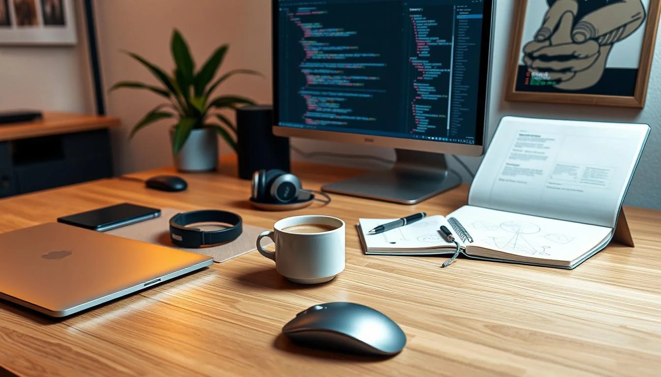 A minimalist office workspace with various coding tools neatly arranged on a wooden desk. In the foreground, a sleek silver laptop, an ergonomic keyboard, and a compact mouse. In the middle ground, a cup of coffee, a pair of high-quality headphones, and a notebook with diagrams and scribbles. The background features a large monitor displaying code editor windows, with a potted plant and a framed abstract art piece providing a touch of visual interest. The lighting is soft and warm, creating a focused and productive atmosphere. The overall scene conveys a sense of efficiency, creativity, and the essential elements needed for a productive coding session.