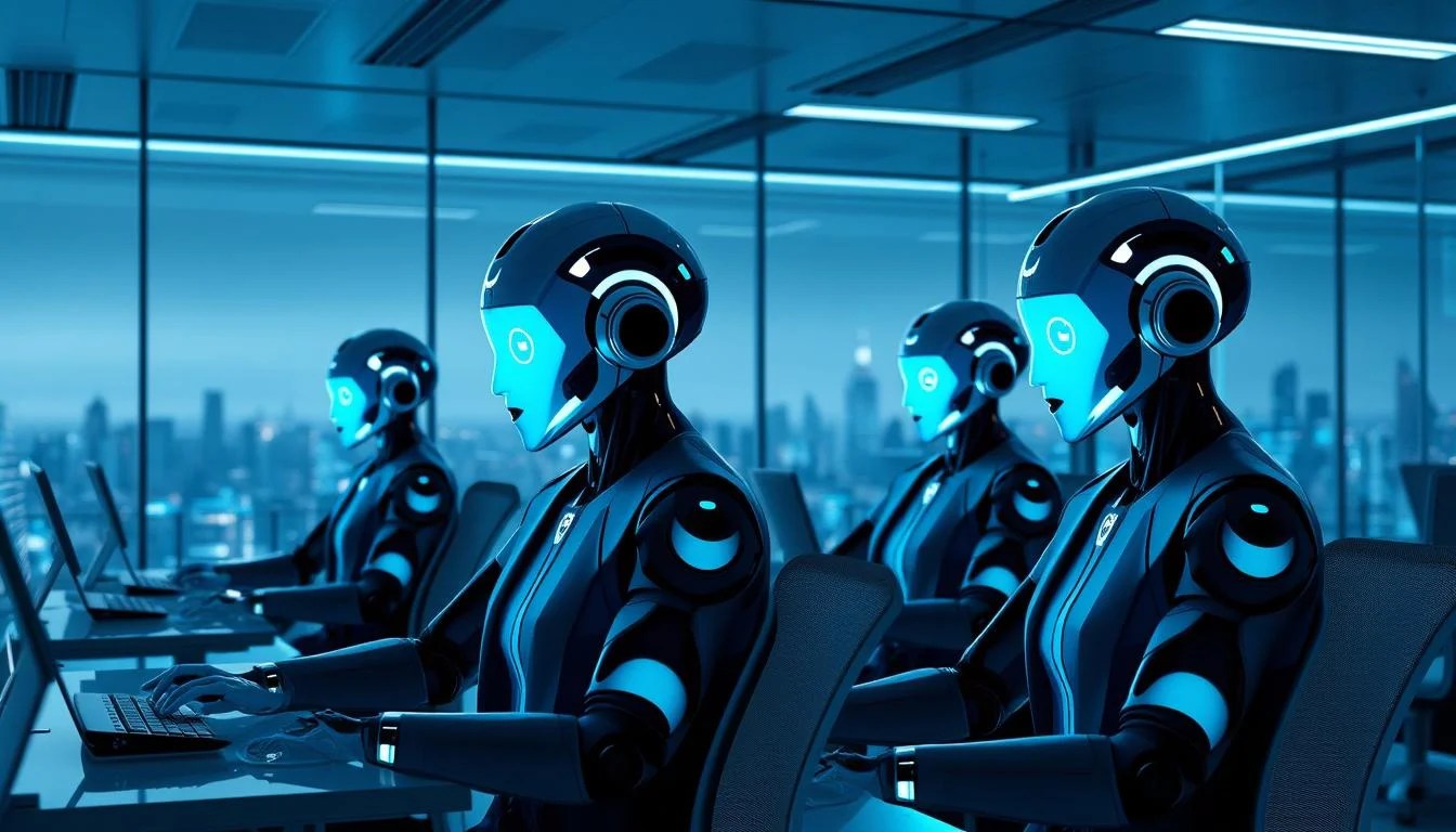 A modern office setting with a team of AI chatbots engaged in customer service conversations. The chatbots are depicted as sleek, humanoid figures with glowing displays for faces, dressed in professional attire. They are seated at desks, surrounded by futuristic technology and holographic interfaces. The lighting is cool and subdued, creating a serene and efficient atmosphere. The background features a panoramic city skyline, hinting at the global reach and scalability of the AI chatbot solution. The overall scene conveys a sense of advanced, yet approachable technology serving to enhance human-AI collaboration and customer experience.