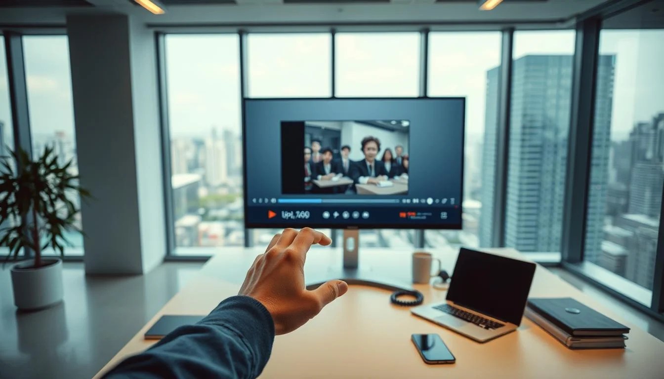 A modern, well-lit office interior with a large monitor displaying a video player interface. In the foreground, a person's hands are navigating the controls, effortlessly uploading a video. In the middle ground, a tidy desk with a laptop, smartphone, and other productivity tools. The background features large windows overlooking a vibrant cityscape, creating a sense of open, airy productivity. The lighting is soft, diffused, and balanced, highlighting the seamless workflow. The overall mood is one of efficiency, simplicity, and technological advancement.
