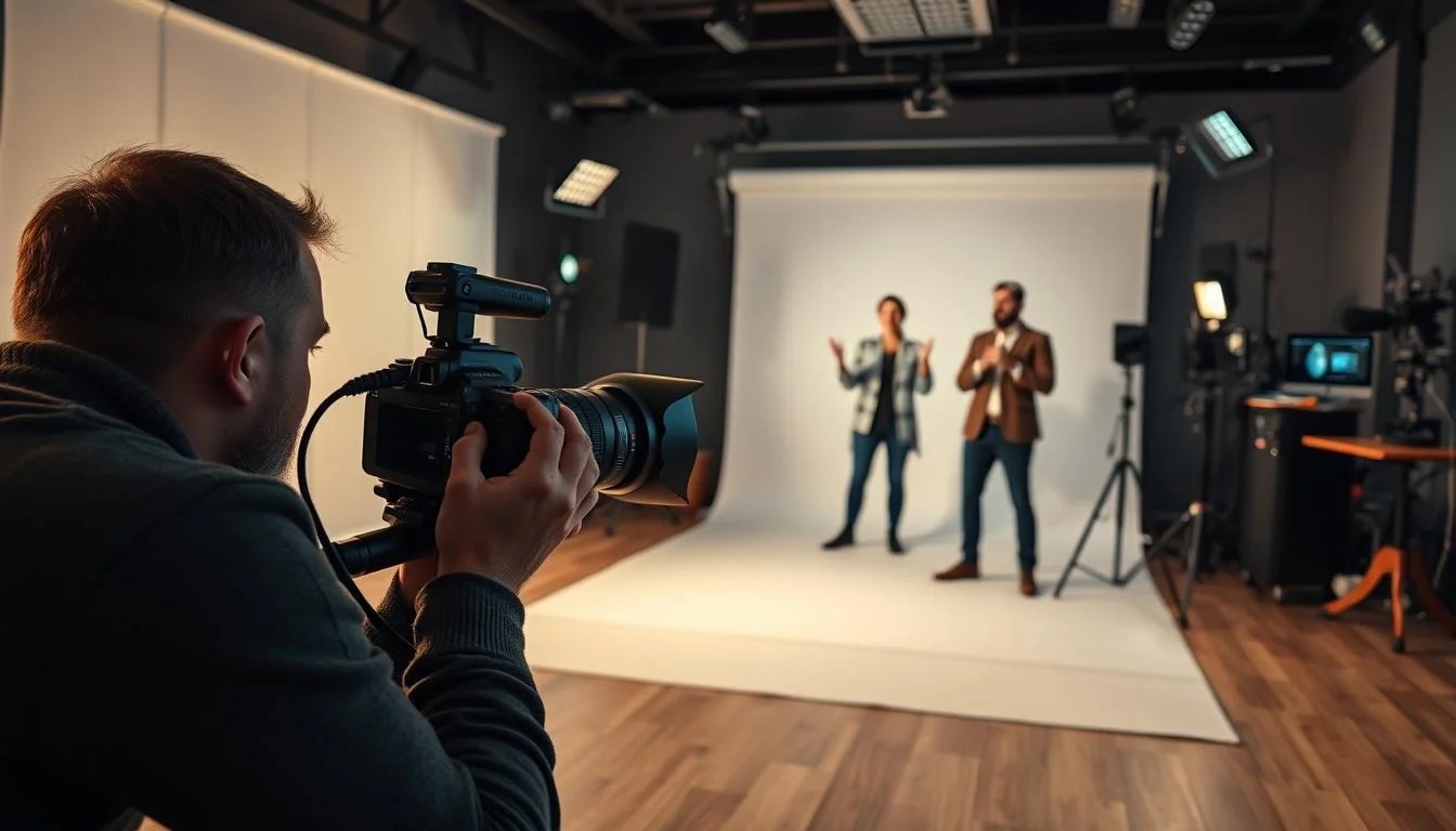 A professional videographer capturing an engaging video content creation session in a modern, well-equipped studio. Soft, warm lighting illuminates the scene, casting a cozy glow. In the foreground, the videographer crouches, skillfully framing the subject with a high-end DSLR camera, their face obscured but their focus evident. The subject, a confident and charismatic content creator, stands before a sleek, minimalist backdrop, gesturing animatedly as they share their expertise. In the background, a array of professional-grade video equipment, including lights, microphones, and a sophisticated editing suite, suggest the full scope of the content creation process.