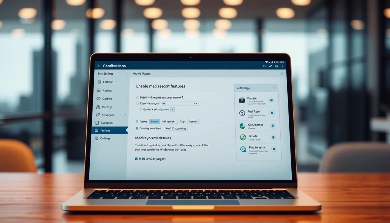 A sleek and modern WordPress plugin configuration interface, bathed in a soft, warm lighting that accentuates the clean, minimalist design. In the foreground, a laptop screen displays the plugin's settings panel, with intuitive controls and toggles for enabling advanced security features. The middle ground showcases various security icons and infographic elements, subtly hinting at the plugin's comprehensive malware detection capabilities. In the background, a blurred cityscape or office environment suggests a professional, enterprise-level application. The overall atmosphere conveys a sense of reliability, efficiency, and technological sophistication, perfectly suited for an article on the best WordPress malware detector.