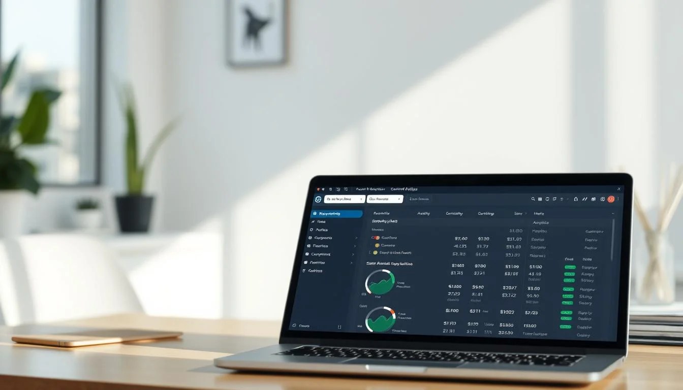 A sleek and modern desktop software interface, showcasing a comprehensive keyword analysis tool. In the foreground, a clean and intuitive user interface with various data visualizations and analysis charts. The middle ground features a high-resolution screenshot of the software's main dashboard, displaying keyword metrics, search volume, and competition data. The background is a soft, out-of-focus image of a minimalist home office setup, with a laptop, desk, and office supplies, creating a professional and productive atmosphere. The lighting is natural and diffused, creating a warm and inviting ambiance. The overall scene conveys the efficiency and usefulness of the keyword analysis tool for content creators and digital marketers.
