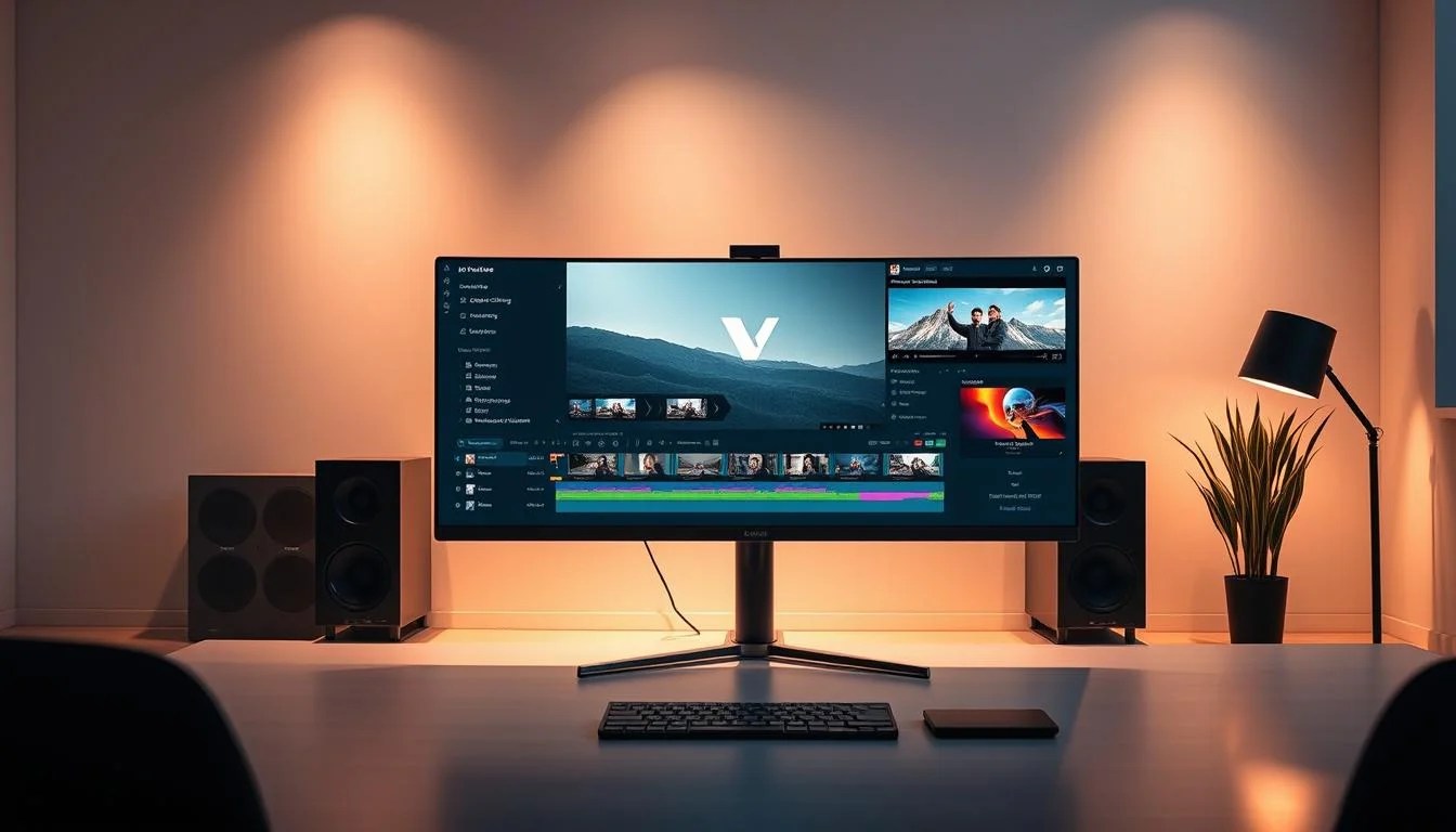 A sleek, minimalist office setting with a large, ultrawide computer monitor displaying the user interface of a powerful video editing software. The monitor showcases an intuitive, AI-powered workflow with advanced features such as smart object tracking, intelligent color grading, and seamless audio integration. The software's logo is prominently displayed, hinting at its cutting-edge capabilities. The scene is illuminated by a warm, soft light, creating a sense of focus and productivity. The overall composition emphasizes the software's user-friendly design and AI-driven functionality, making it an appealing choice for both professional and amateur video editors.