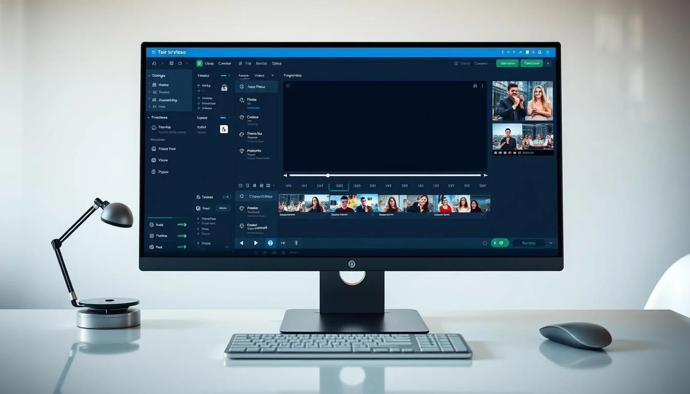 A sleek, modern desktop computer setup with a large, high-resolution display showcasing a text-to-video conversion interface. The foreground features the conversion software's intuitive controls and customization options, with sliders, buttons, and dynamic previews. The middle ground highlights a video timeline, animation tools, and media libraries for seamless video editing. The background depicts a minimalist, well-lit office environment with clean lines, complementary colors, and subtle reflections on the desk surface, creating a professional, productivity-focused atmosphere.