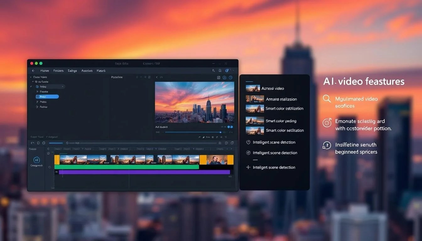 A sleek, modern interface of an AI-powered video editing software designed for beginners. The main window displays a timeline with intuitive editing tools, while a side panel offers a range of AI-powered features such as automated video stabilization, smart color grading, and intelligent scene detection. In the background, a soft, blurred cityscape with skyscrapers and a vibrant sunset sky sets the scene, hinting at the software's advanced capabilities. The overall atmosphere conveys a sense of empowerment, simplicity, and the future of video editing.