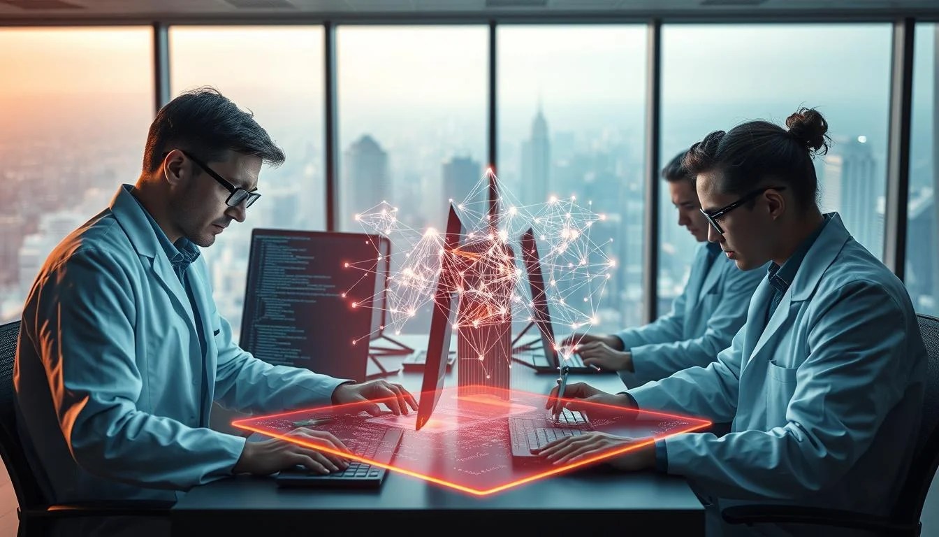 A team of software engineers, clad in lab coats and deep in concentration, carefully crafting lines of code on their computer screens. In the foreground, a holographic display showcases a complex AI algorithm, its intricate structure illuminated by a warm, ambient glow. The background is a sleek, minimalist office space, with large windows offering a panoramic view of a bustling cityscape. The scene conveys a sense of scientific rigor and technological innovation, as the engineers work diligently to push the boundaries of artificial intelligence and its applications in content creation.