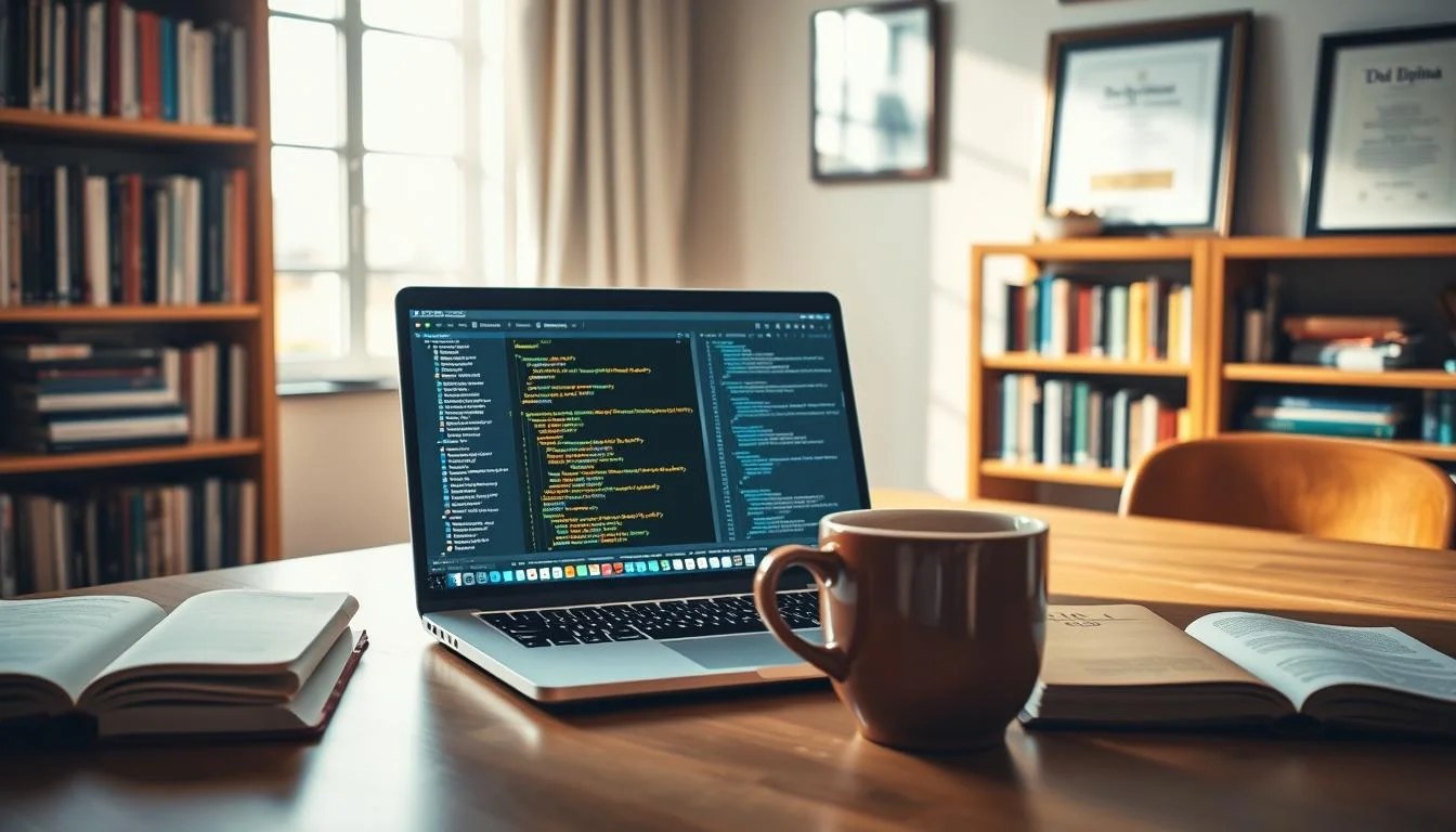 A well-lit online coding tutorial workspace with a laptop, textbooks, and a cup of coffee on a wooden desk. The laptop screen displays programming code and instructional videos. In the background, a bookshelf filled with programming books and a framed diploma on the wall. The scene is bathed in a warm, natural light, creating a cozy and focused atmosphere for productive self-learning.