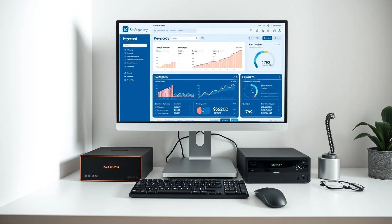 A well-organized workspace with a sleek desktop computer, a high-resolution monitor displaying a keyword analysis dashboard, a keyboard and mouse. Soft, directional lighting from the side creates depth and highlights the features of the interface, including clear visualizations of keyword metrics, search volume trends, and content optimization suggestions. The overall mood is professional, efficient, and focused, conveying the utility and power of a comprehensive keyword counter tool.