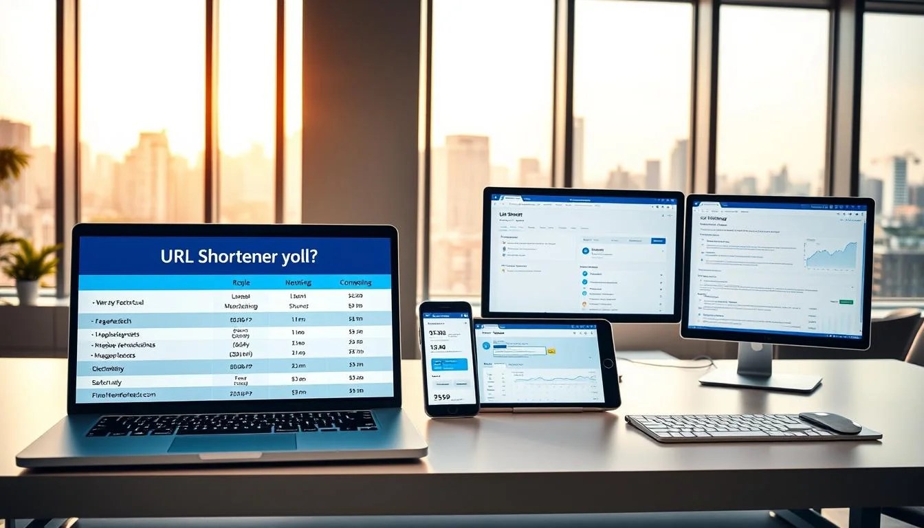 An expansive, well-lit office space with an array of digital devices on a modern, minimalist desk. In the foreground, a laptop screen displays a comparison of various URL shortener services, their features, and pricing options. The middle ground showcases a smartphone, tablet, and desktop computer, each showcasing different user interfaces and analytics dashboards for URL shortening tools. The background features large windows overlooking a vibrant cityscape, bathed in warm, natural lighting. The overall scene conveys a sense of productivity, technology, and informed decision-making for the task of streamlining online content sharing.
