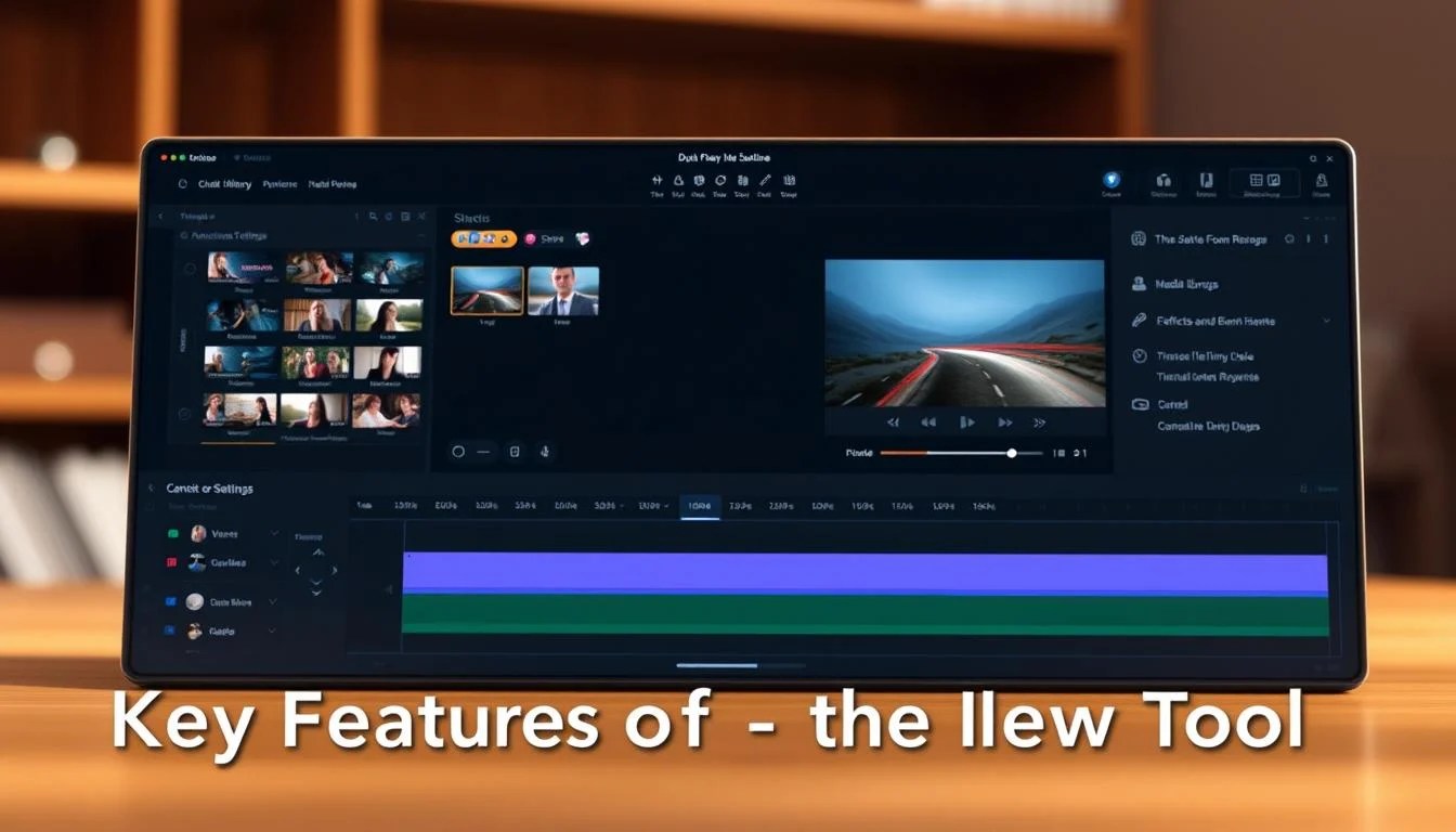high-quality, detailed, photorealistic 3D render of a modern video creation software interface, with a clean, sleek, and intuitive user interface design, featuring a central video editing timeline, media library, effects and transitions panels, and customizable settings. The interface is bathed in a warm, soft lighting, with a subtle depth-of-field effect. The overall look and feel conveys a sense of professionalism, productivity, and ease of use, suitable for the "Key Features of the New Tool" section of the article.