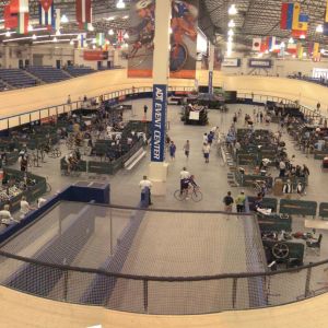 Velodrome with flags hanging on the ceiling
