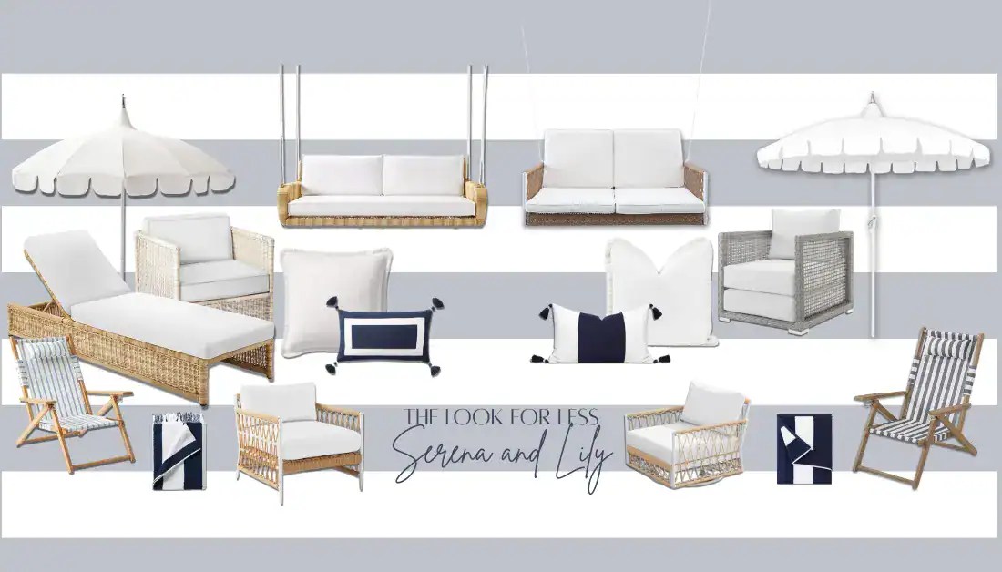 Coastal backyard Amazon dupes including a rope chaise lounge, tassel and fringe outdoor pillows, and a striped patio umbrella on a gray and white striped background