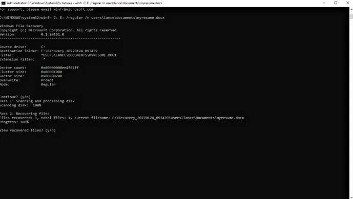 Windows File Recovery Normal Mode Recovery complete