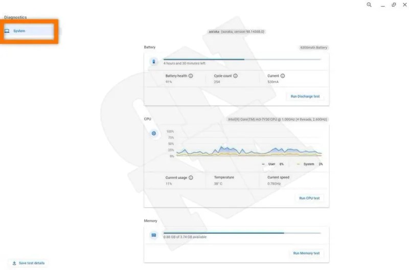 Chromebook ChromeOS Diagnostic apps. System tab