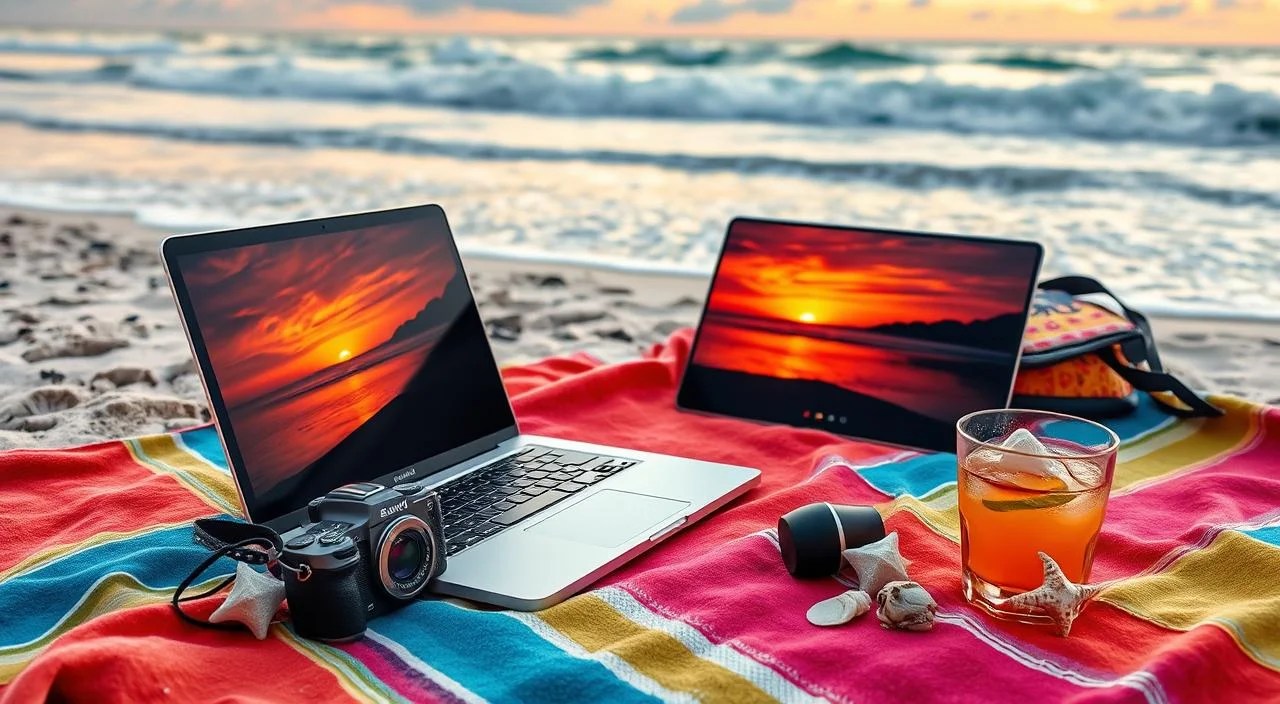 Férias com um laptop e uma câmera digital
