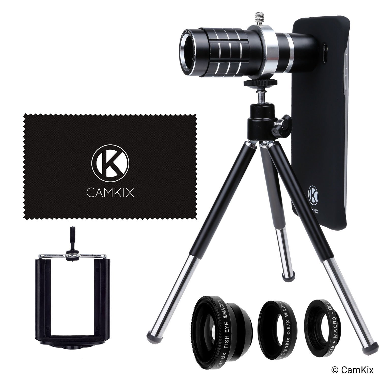 Phone holder with multiple lenses and tripod for smartphone photography