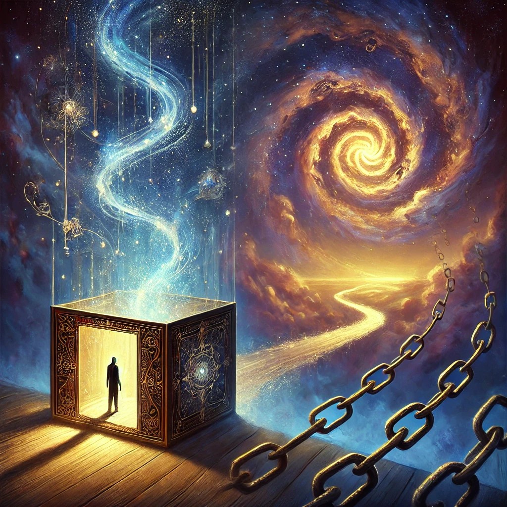 A mystical digital artwork featuring an open box dissolving into radiant light, symbolizing the illusion of limitations. In the background, a spiral path extends into the cosmos, representing growth and evolution beyond opposition. Ethereal, unbound chains float in the air, signifying self-imposed restrictions that can be removed. A mysterious figure stands at the threshold of the scene, gazing forward rather than back, embodying the journey of self-definition and transformation. The atmosphere is rich with deep blues, purples, and golds, evoking a sense of mystery, reflection, and spiritual awakening.