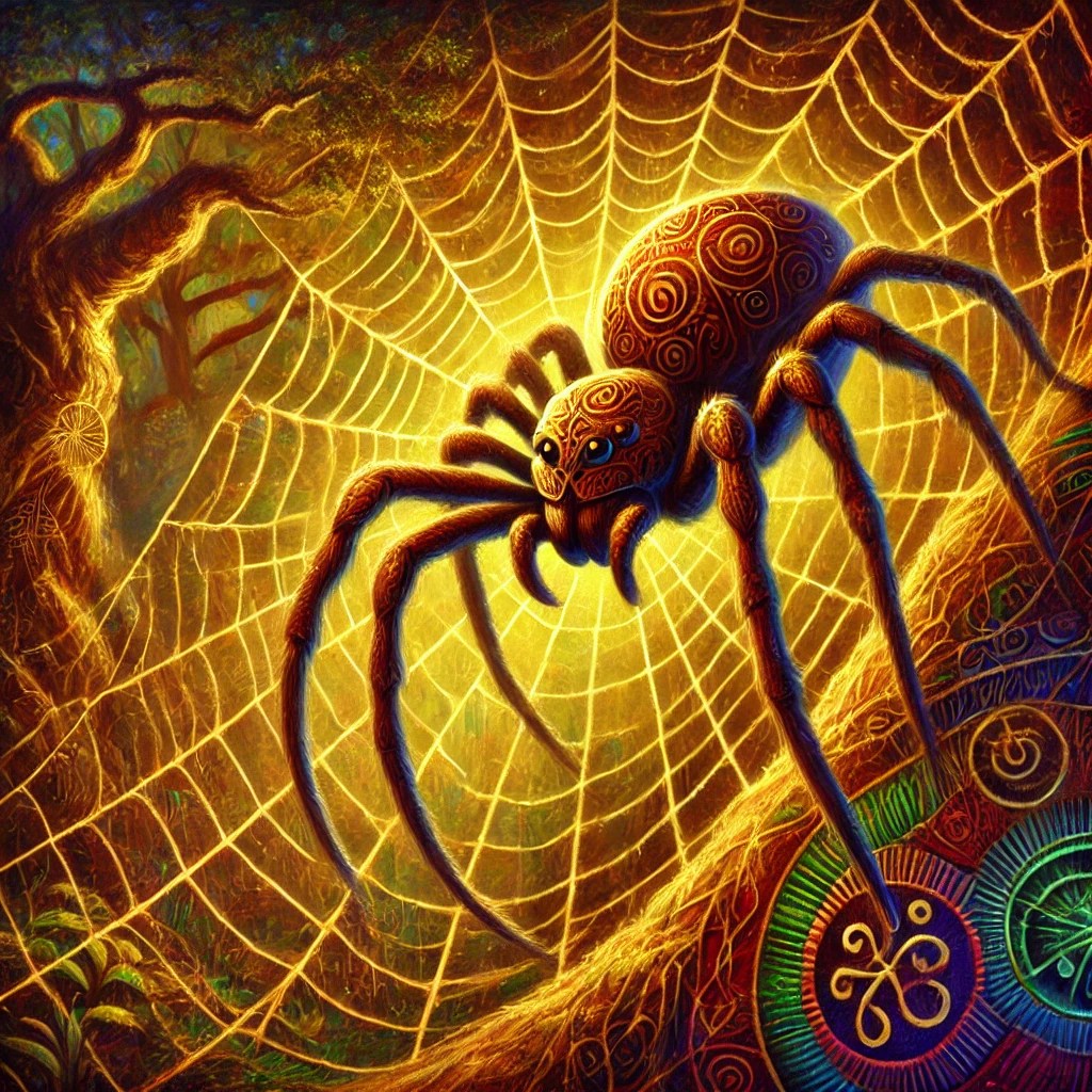 Anansi, the trickster spider from West African folklore, weaving an intricate golden web that shimmers with hidden symbols and patterns. The scene is illuminated by mystical light, set against a lush jungle backdrop with ancient trees and vines. Anansi's expression conveys both wisdom and mischief, embodying the power of storytelling and intellect.
