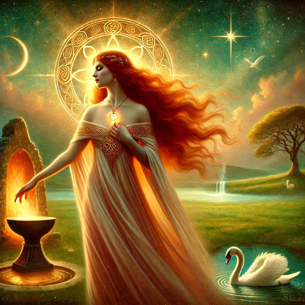 A mystical depiction of Brigid, the Celtic goddess of poetry, healing, and smithcraft. She stands in a glowing ethereal landscape, bathed in warm golden light. Her flowing red hair cascades over her shoulders as she radiates both power and serenity. A sacred well at her feet shimmers with reflected starlight, while a roaring forge blazes behind her, symbolizing transformation. Swans glide gracefully across the water, and a gentle breeze stirs the lush emerald-green fields around her, evoking divine inspiration and ancient wisdom.