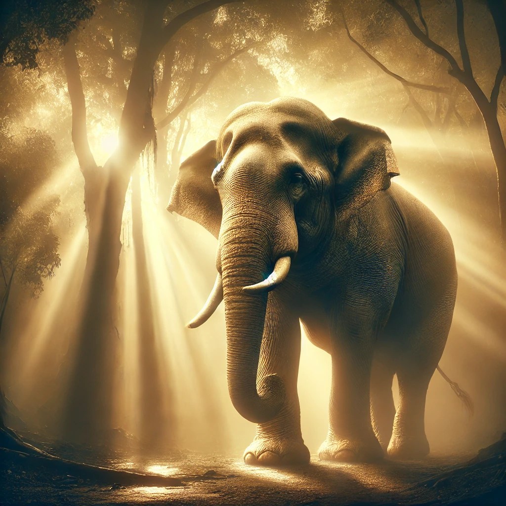 Majestic elephant standing in a misty forest, bathed in soft golden light filtering through the trees. The elephant's wrinkled skin and gentle presence evoke wisdom, tranquility, and a sense of ancient knowledge.