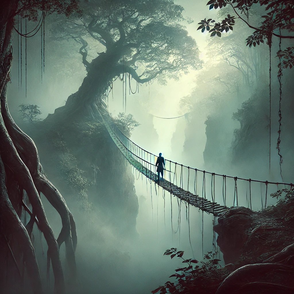 A mystical traveler stands at the edge of a mist-covered ravine, gazing at a swaying rope bridge suspended over the abyss. The scene is enveloped in ethereal light, framed by ancient trees and vines, evoking a sense of mystery, introspection, and the journey into the unknown.